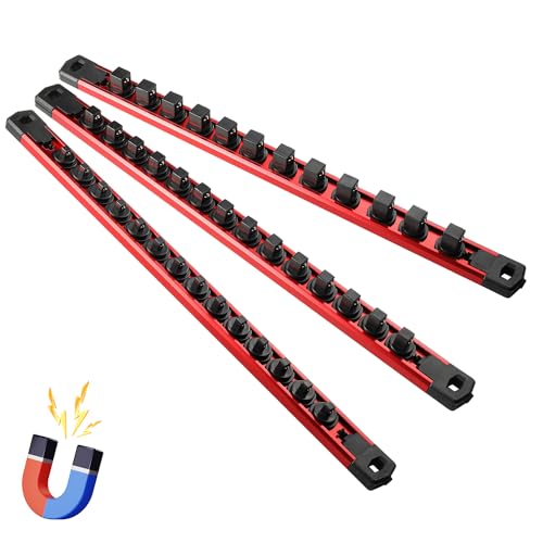 Magnetic Socket Organizer, 3-Piece Heavty Duty Aluminum Socket Holder, Socket Rail for Tool Box, Premium Quality 360¡Æ Swivel Socket Rack Kit with 40 Clips for 1/2, 3/8, 1/4-Inch(Red)
