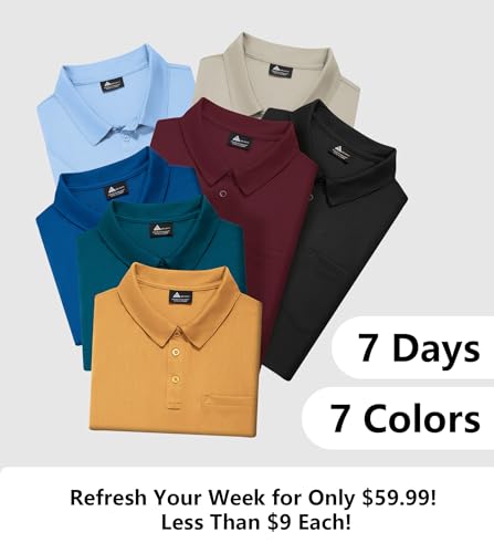 Men's Polo Shirts 7 Pack - Moisture-Wicking Short Sleeve Outdoor Golf & Athletic Shirts