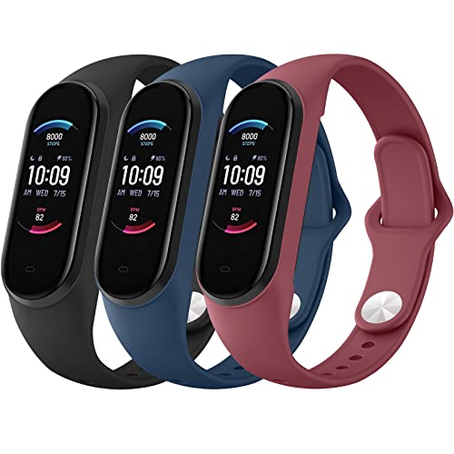 Silicone Wristbands 3 Pack - Sports Strap for Xiaomi Mi Band 5/6 & Amazfit Band 5/6 - Black/Navy/Wine Red