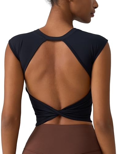 ABOCIW Women’s Twist-Back Built-In Bra Crop Top Black Small – Yoga & Pilates Gym Top