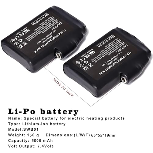 7.4V 5000mAh Rechargeable Battery Pack for Heated Apparel – Replacement for Gloves, Vests, Jackets, Socks, and More
