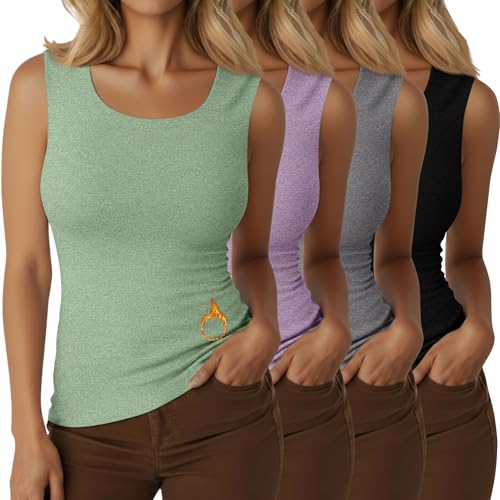4 Pcs Women's Thermal Tank Tops - Black, Gray, Taro Purple, Bean Green - Small
