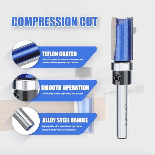 4PCS Router Bit Set, Top Bearing Flush Trim Router Bit 1/4" Shank,1/2" Diameter Flush Cut Router Bit for Woodworking Cutting Length 1/2", 3/4", 1", 1-1/2"