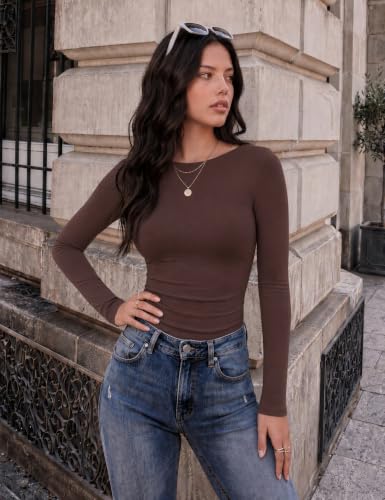 Womens Long Sleeve Thermal Tops - Boat Neck Ruched Shirts - Small Brown