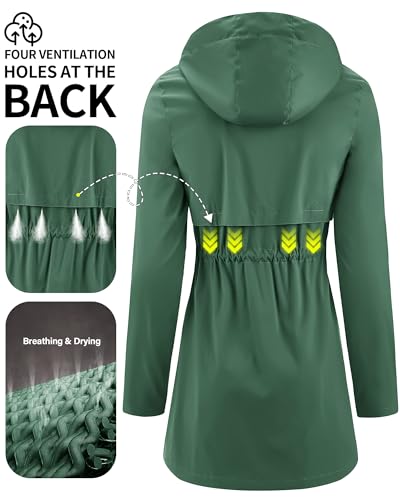 iCreek Women's Long Waterproof Rain Jacket with Hood, Packable, Dark Green (Medium)