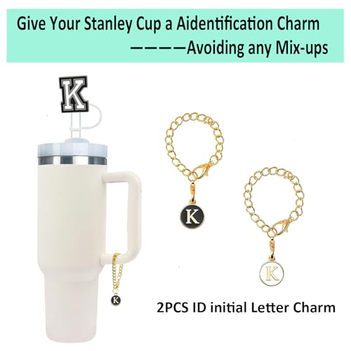 Straw Cover Caps with Personalized Initial Charms - Letter K