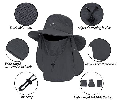 Wide Brim Sun Hat for Men Women - UV Protection with Face Cover & Neck Flap - One Size Dark Grey