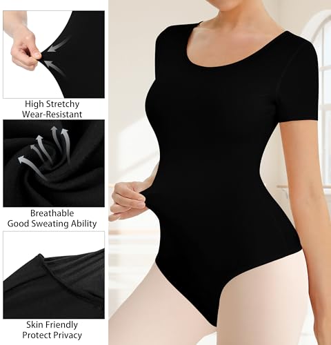 MOLLDAN Women Ballet Leotard Short Sleeve with Tights – Black, Medium