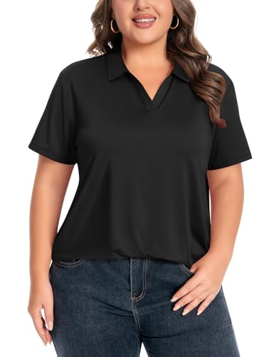 Idtswch Women's Plus Size Black 2X V-Neck Short Sleeve Golf Polo UPF 50+ Quick Dry