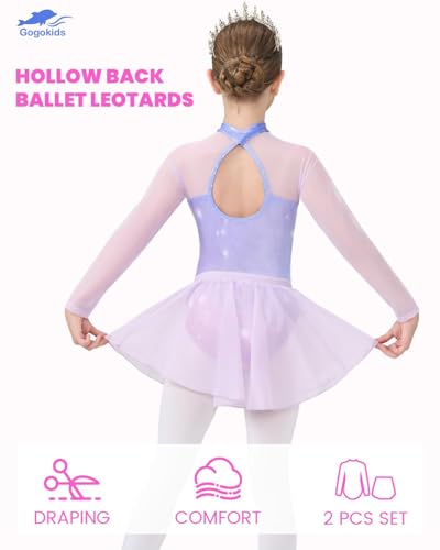Ballet Leotard for Girls Long Sleeve Lace Dance Dress - Purple Mesh, 5-6 Years