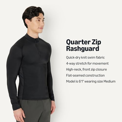 Men's Long-Sleeve Quarter Zip Rash Guard Shirt - Large, Washed Black
