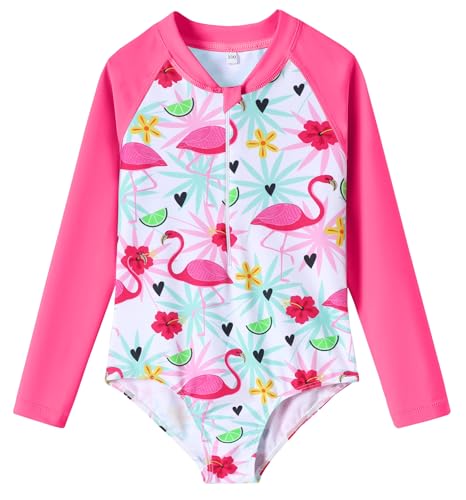 Girls Long Sleeve Swimsuit - Zipper Rash Guard, UPF 50+, Pink Flamingo, 5-6 Years