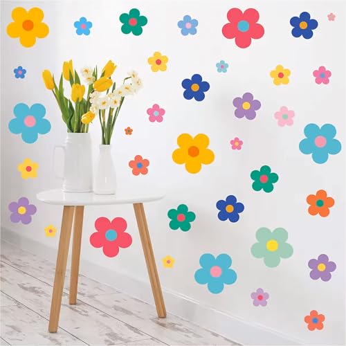 48 Pcs Colorful Daisy Wall Decals Boho Flower Wall Stickers Cute Kids Girls Room Decor Peel and Stick Floral Decals Aesthetic Preppy Stickers Girls Bedroom Decorations (Flower)