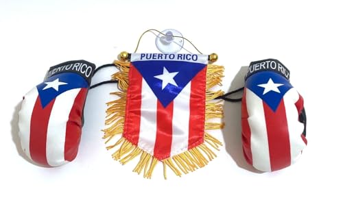 Puerto Rican Flag & Mini Boxing Gloves Rearview Mirror Set