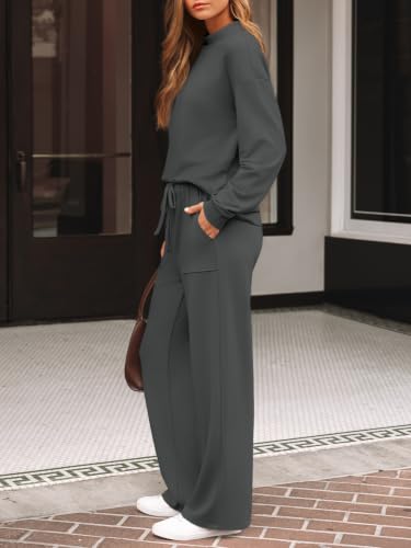 LILLUSORY Lounge Sets with Mock Neck Top & Wide Leg Drawstring Pants - Medium Dark Grey