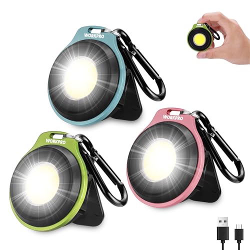 WORKPRO COB Keychain Work Light, 3Pcs EDC Rechargeable Mini Keychain Flashlight, Magnetic Carabiner Flashlight with Hat Clip, 3 Light Modes Emergency Light for Running, Hiking and Fishing, Multicolor
