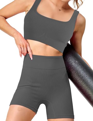High Waist Biker Shorts for Women - Seamless Ribbed - Grey, Small