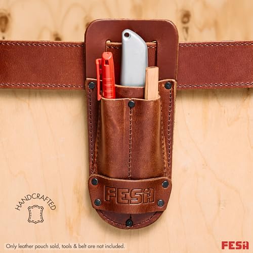 FESA Leather Utility Knife Pouch - Top Grain Leather Knife Pouch for Belt with 2 Pen/Pencil Pockets & Heavy Duty Reinforced Rivets - Fits Belts up to 2" - Handcrafted