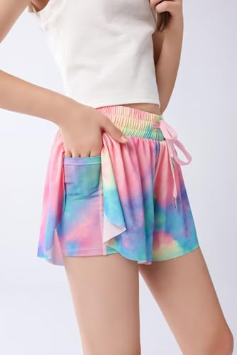 Girls Flowy Shorts with Spandex Liner - 2-in-1 Teen Athletic Shorts with Pockets for Sports & Running