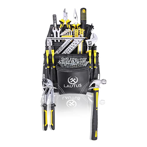 LAUTUS Oil Tanned Leather Tool Pouch Bag | Black | Carpenter, Construction, Framers, Handyman | 10 Pockets, 2 Hammer Holders | 100% Leather