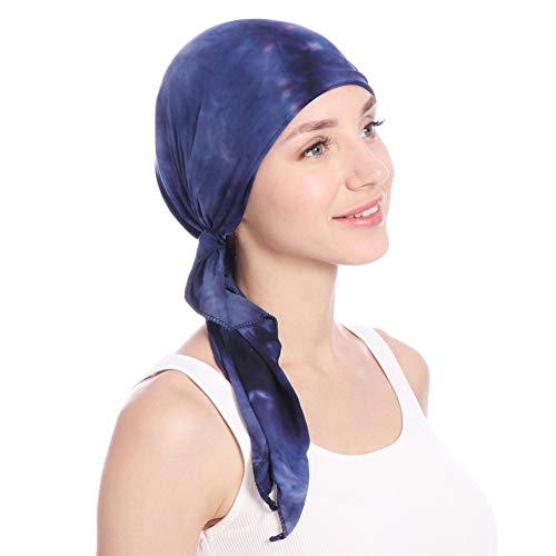 Qovelly Pre Tied Chemo Head Scarf Set - 3 Pack Long Style Beanies for Women, Dye Tie Variation L14