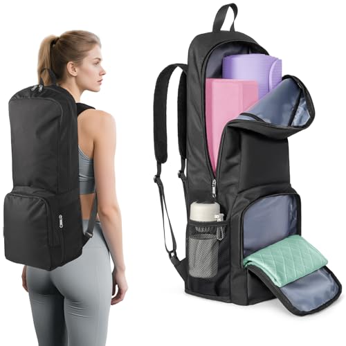 Yoga Mat Bag Carrier Backpack with Multi Pockets - Black