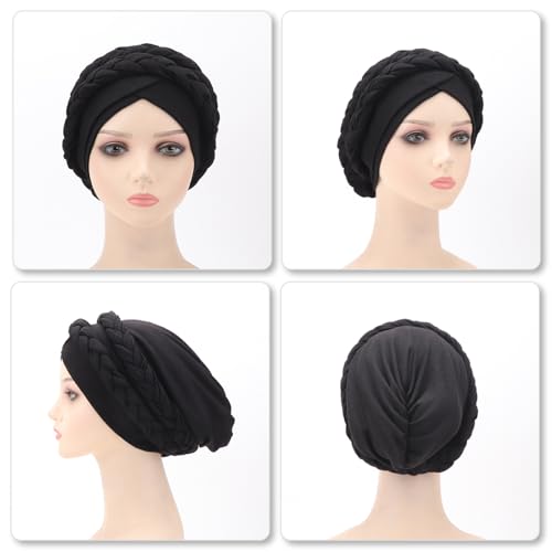 African Women Turban Cap - Pre-Tied Double Braids Beanie - Black