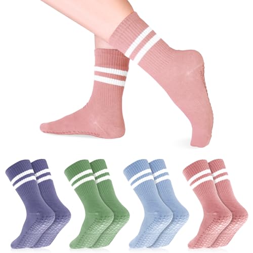 Non-Slip Pilates Grippy Socks for Women - One Size, 4 Pairs (Blue, Green, Purple, Pink)