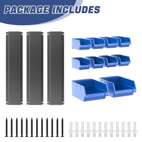 WALMANN Wall Mounted Storage Bins for Small Parts, 10 Bins with 3 Metal Rails, Plastic Wall Bins for Screws, Bolts, Nuts, Craft Room, Workshop, and Garage Storage Bins(Blue)