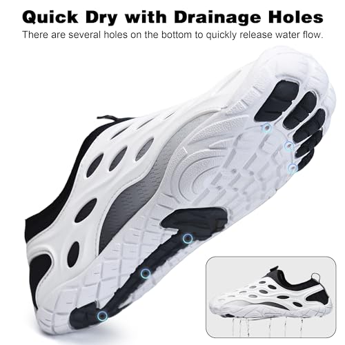 ZOOFLEX Water Shoes for Women and Men, Wide Fit, Quick Dry Aqua Footwear for Outdoor Sports - White, 10 Women / 8 Men