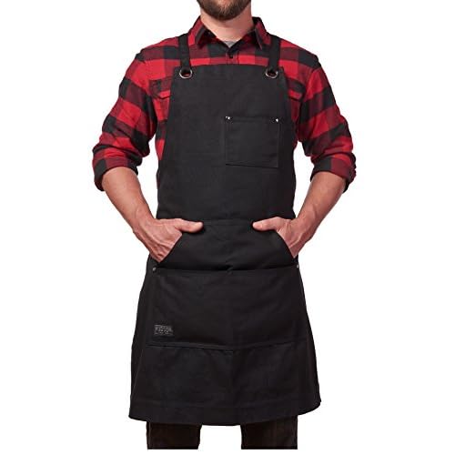 Hudson Durable Goods Heavy Duty Waxed Canvas Apron for Men and Women, Adjustable Crossback Work Apron with Tool Pockets, Water-Resistant - Fits up to XXL, Black