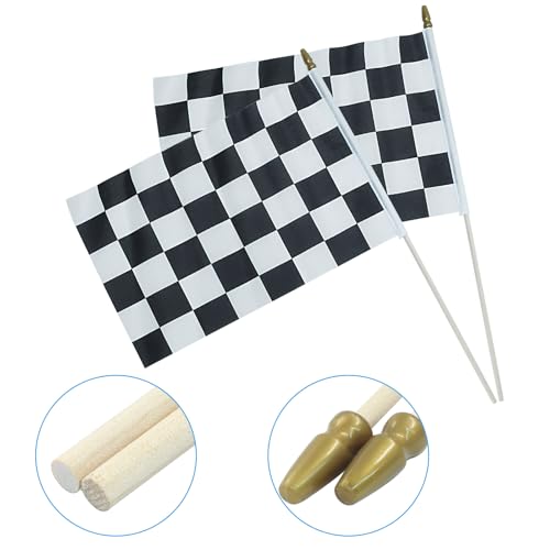 Checkered Racing Mini Stick Flags - 5x8 Inch Handheld Flags, 2 Pack