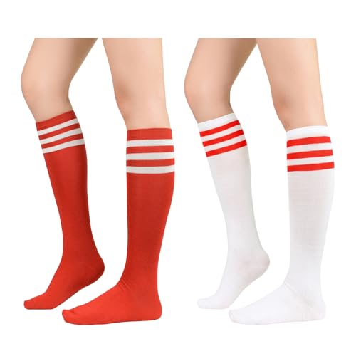 Knee High Socks for Women - Striped Athletic Soccer Socks - One Size Red White & White Red