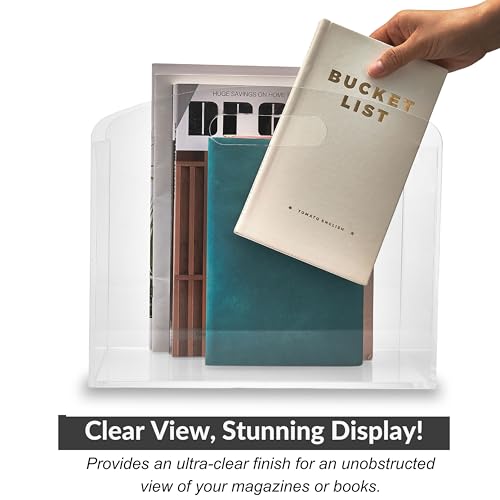 MeiTudo Ultra Clear Magazine Rack - Clear Acrylic Holder with Handles, 12.2 x 5.9 x 9.6 in, Modern Lucite Organizer for Bathroom, Bedroom & Office