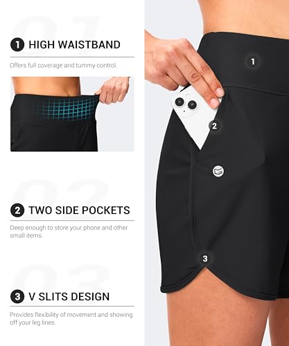 G Gradual Women's 5" High-Waisted Swim Board Shorts with Pockets, Large Black
