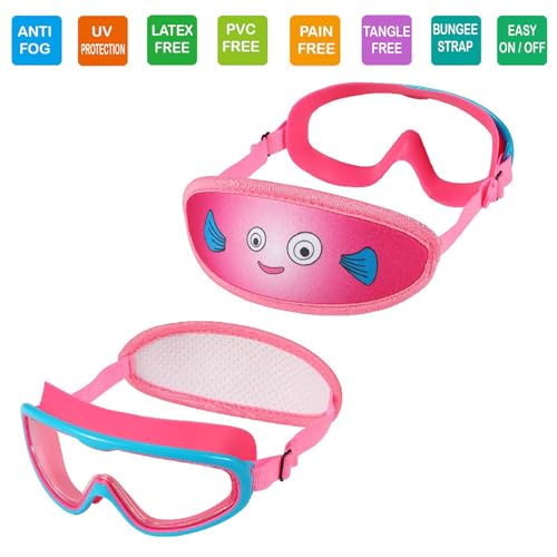 RUIGAO 1PK Pink Fish Toddler Swim Goggles with Nose Cover & Anti-Fog Mask