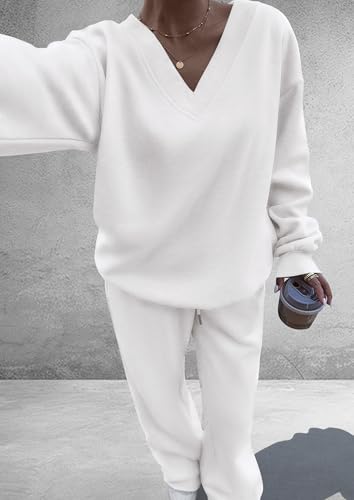 PRETTYGARDEN Women's 2-Piece Fall Sweatsuit Outfit Set - Medium White