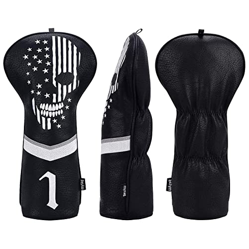 Caiobob Skull Golf Head Covers Set for Drivers - Black Synthetic Leather Skeleton Design