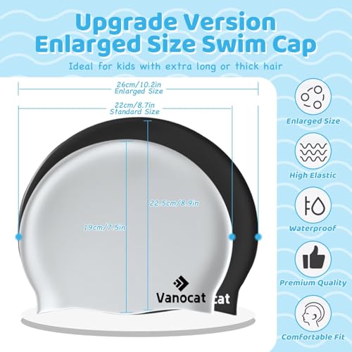 Kids Extra Large Swim Cap - Waterproof Silicone for Long Hair - Black
