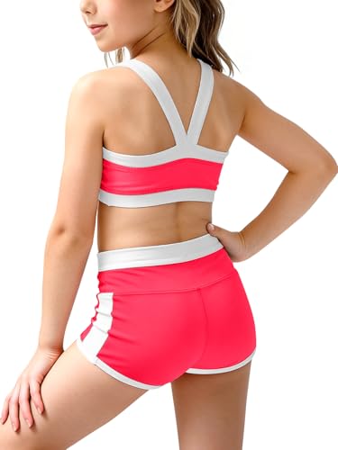 Girls 2 Piece Workout Outfit - Color Block Bra & High Waist Shorts, Rose Red, 7-8 Years