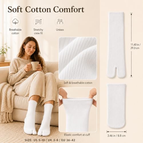 Tabi Socks - 3 Pairs Soft Cotton Split Toe Crew Socks