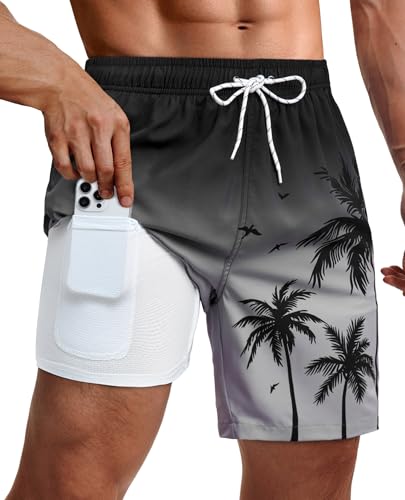 Gleeease Men's 9 Inch Swim Trunks with Compression Liner - X-Large Gradient Palm Tree