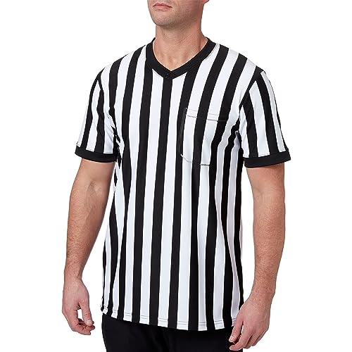Men's Referee Shirt - Black & White Stripes, Large V Collar