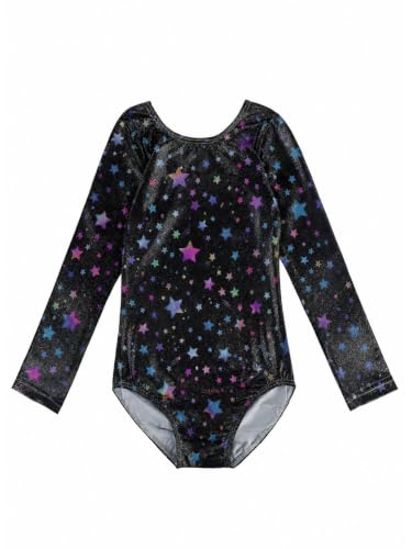 Girls Long Sleeve Sparkly Gymnastics Leotard - Black Fancy Stars 9-10Y