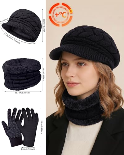 Loritta 3-in-1 Women's Winter Hat Gloves Scarf Set - Black