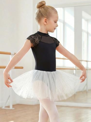 Girls Ballet & Gymnastics Leotard 2-Piece Sparkly Tutu & Lace Keyhole Back - Size 5-6 Years, Black | Funcemail