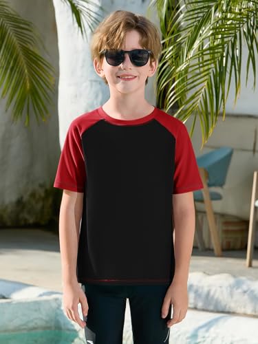Boys UPF 50+ Raglan Rash Guard Swim Shirt - Color Block Black, 11-12 Years