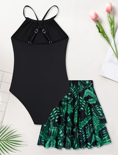 Girls One-Piece Mesh Skirt Swimsuit - Hawaiian Tree - 9-10 Years