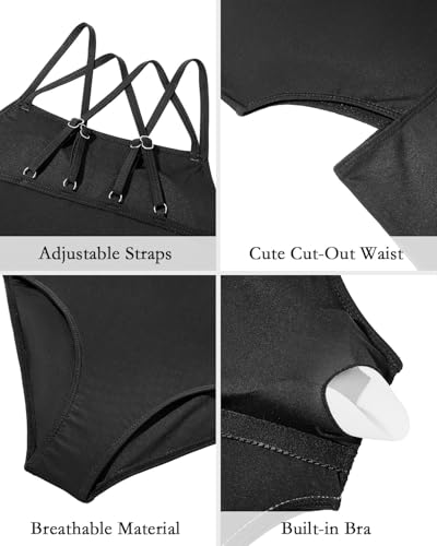 One Piece Swimsuit for Teens - Cut Out Crossback - Black, 12-13 Years