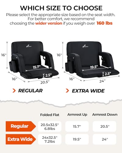 Stadium Seat with Back Support - 2.5" Thick Cushion, 6 Recline Positions, 2 Cup Holders - Black, 2 Pack, Extra Wide 24"
